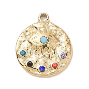 304 Stainless Steel Evil Eye Pendants, with Colorful Rhinestone and 201 Stainless Steel Snap on Bails, Golden, Acalanatha, 18.5x15.5x3.5mm, Hole: 1.8mm