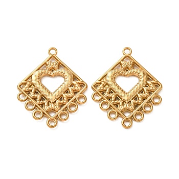Vintage Style 304 Stainless Steel Links, Golden, Rhombus with Heart, 31x25x2mm, Hole: 2mm