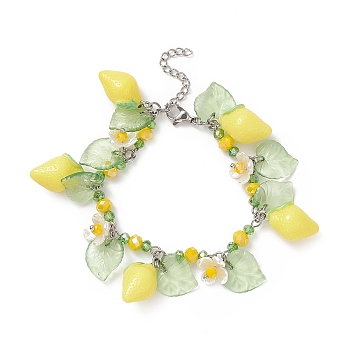 Lemon & Leaf & Flower Resin & Acrylic Charm Bracelet, 304 Stainless Steel Jewelry for Women, Green Yellow, 7-1/2 inch(19cm)