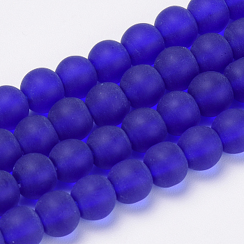 Transparent Glass Beads Strands, Frosted, Round, Dark Blue, 8mm, Hole: 1.5mm, about 42pcs/strand, 11.8 inch