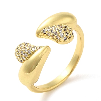 Brass Micro Pave Cubic Zirconia Cuff Rings, Heart, Real 16K Gold Plated, US Size 7 1/4(17.5mm)