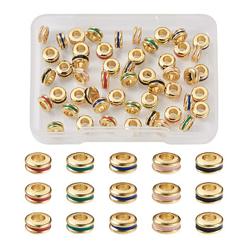 50Pcs 5 Colors Brass Rack Plating, with Enamel Beads, Real 18K Gold Plated, Cadmium Free & Lead Free
, Rondelle, Mixed Color, 6x3mm, Hole: 3mm, 10pcs/colors