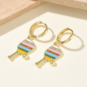 Brass Micro Pave Cubic Zirconia Dangle Hoop Earrings for Women, Pickleball Paddle, with Enamel, Rack Plating, Long-Lasting Plated, Lead Free & Cadmium Free, Real 18K Gold Plated, 35x11mm