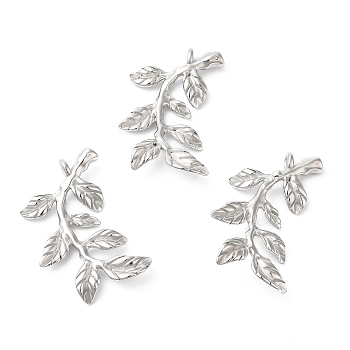 304 Stainless Steel Pendants, Leafy Branch Charms, Stainless Steel Color, 32.5x18.5x3.5mm, Hole: 1.8mm