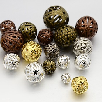 Mixed Style Iron Filigree Beads, Filigree Ball, Round, Mixed Color, 6~16mm, Hole: 0.5~1mm