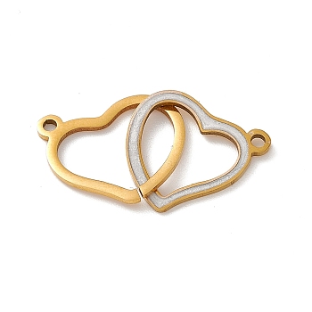 304 Stainless Steel Enamel Connector Charms, Double Heart Links, Golden, White, 14x27x1mm, Hole: 1.5mm