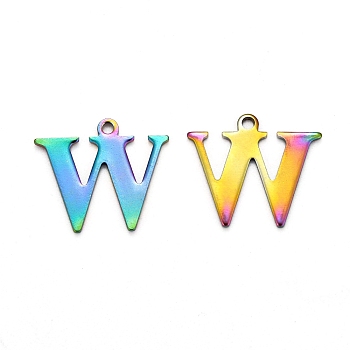 Ion Plating(IP) 304 Stainless Steel Alphabet Charms, Rainbow Color, Letter.W, 12x14x0.7mm, Hole: 1mm