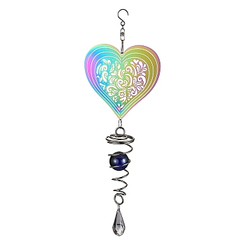 201 Stainless Steel 3D Wind Spinners, with Glass Pendant and Acrylic Bead, for Outside Yard and Garden Decoration, Heart, 277mm, Pendant: 240x100x37mm