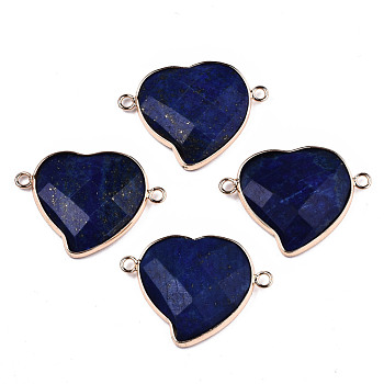 Natural Lapis Lazuli Links Connectors, with Light Gold Tone Brass Findings, Faceted Heart, 26.5x34.5x5mm, Hole: 2mm