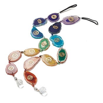 Dyed Nuggets Natural Agate Chakra Hanging Pendant Decorations, with Nylon Cord and Glass Beads, Colorful, 545~615mm