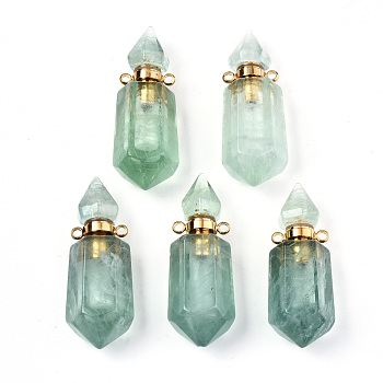 Faceted Natural Fluorite Pendants, Openable Perfume Bottle, with Golden Tone Brass Findings, Hexagon, 40~41.5x15x13.5mm, Hole: 1.8mm, Bottle Capacity: 1ml(0.034 fl. oz)