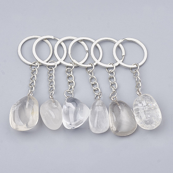Natural Quartz Crystal Keychain, with Iron Findings, Nugget, Platinum, 85~100mm, Pendant: 25~40x14~25x11~18mm, Ring: 27~28x2mm