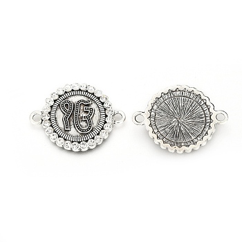 Tibetan Style Alloy Rhinestone Links Connectors, Flat Round with Word, Crystal, Cadmium Free & Lead Free, Antique Silver, 25x33x4mm, Hole: 3mm
