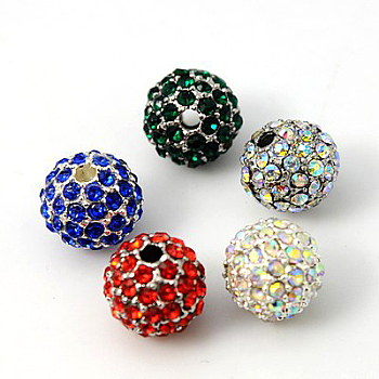 Alloy Rhinestone Beads, Grade A, Round, Silver Color Plated, Mixed Color, 10mm, Hole: 2mm