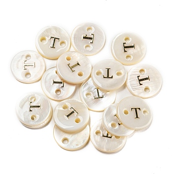 Freshwater Shell Buttons, Flat Round , Letter T, 12x2mm, Hole: 1.6mm