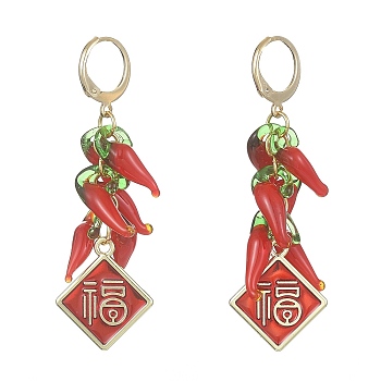 Hot Pepper Lampwork Dangle Leverback Earrings, Spring Festival Theme FU Character Alloy Enamel Cluster Earrings, Red, 56x18mm