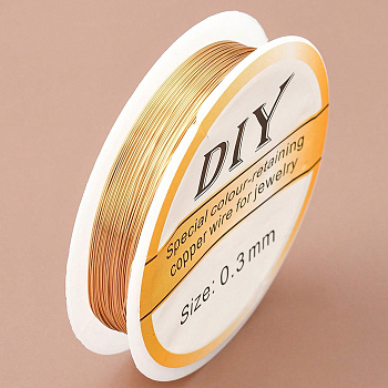 Copper Jewelry Wire, Round, Long-Lasting Plated, Light Gold, 28 Gauge, 0.3mm, about 51.18 Feet(15.6m)/Roll
