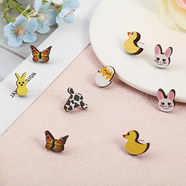 CHGCRAFT 48Pcs 6 Styles Duck & Butterfly & Cow & Rabbit & Chick Wood Stud Earrings(EJEW-CA0001-10)-4