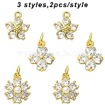6Pcs 3 Styles Brass Micro Pave Cubic Zirconia Flower Charms, with Pearl, Cadmium Free & Lead Free, Real 18K Gold Plated, Rack Plating, Clear, 11~13.5x9~10.5x3.5~5mm, Hole: 1.2~3.8mm, 2pcs/style (KK-YW0003-81)