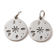 304 Stainless Steel Charms, Laser Cut, with Jump Ring, Stainless Steel Color, Hollow, Flat Round Charm, Flower, 13.5x12x1mm, Hole: 3.6mm(STAS-D050-07P-14)
