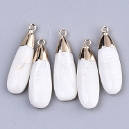 Natural Freshwater Shell Pendants, with Golden Plated Brass Findings, Teardrop, White, 32~33.5x9~10.5x4~5mm, Hole: 1.6mm(SSHEL-R045-15)