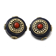 Handmade Tibetan Style Resin Beads, with Synthetic Turquoise and Brass Findings, Flat Round, Antique Golden, 20x21x13.5mm, Hole: 2mm(TIBEB-G014-02)