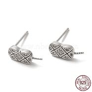 Rhodium Plated 925 Sterling Silver Micro Pave Cubic Zirconia Stud Earring Findings, for Half Drilled Beads, Oval, with S925 Stamp, Real Platinum Plated, 12x4.5mm, Pin: 0.9mm and 11x0.9mm(STER-P056-04P)
