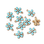 Zinc Alloy Enamel Links Connectors, with Crystal Rhinestones, Golden, Flower, Cyan, 15.5x19.5x3mm, Hole: 2mm(ENAM-WH0054-33A)