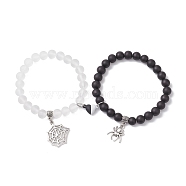 8mm Round Synthetic Black Stone & Transparent Glass Beaded Stretch Bracelet Sets, Halloween Spider & Web Alloy Charm Bracelets with Heart Magnetic Clasps for Couple, Inner Diameter: 2-1/4 inch(5.7cm), Round: 8mm(BJEW-JB10471)