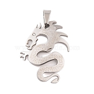 304 Stainless Steel Pendants, with Rhinestone, Dragon Charm, Stainless Steel Color, 41x32x2.5mm, Hole: 9.5x5.5mm(STAS-K283-03P)