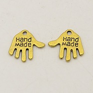 Tibetan Style Alloy Charms, Cadmium Free & Nickel Free & Lead Free, Hand Palm with Word Hand Made, Golden, 12.5x13x1mm, Hole: 1mm(K095I012)