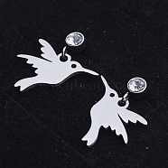 201 Stainless Steel Dangle Stud Earrings, with Clear Cubic Zirconia, Bird, Stainless Steel Color, 19.5mm, Pin: 0.8mm(EJEW-T008-JN748)