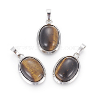 Natural Tiger Eye Pendants, with Brass Findings, Oval, Platinum, 25~26x17~17.5x8~9mm, Hole: 8x5mm(G-L512-D21)