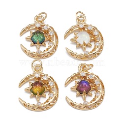 Brass Micro Pave Clear Cubic Zirconia Glass Pendants, with Jump Ring, Long-Lasting Plated, Moon, Cadmium Free & Lead Free, Real 18K Gold Plated, Mixed Color, 21x16.5x4.5mm, Jump Ring: 5x0.8mm, 3.5mm Inner Diameter(ZIRC-C024-06G)