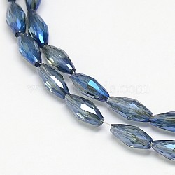 Electroplate Crystal Glass Rice Beads Strands, Faceted, Rainbow Color Plated, Marine Blue, 4x9mm, Hole: 1mm, about 58pcs/strand, 20.4 inch(EGLA-F042-A07)