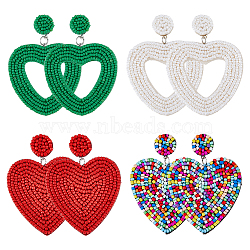 4 Pairs 4 Style Heart Glass Seed Beaded Dangle Stud Earrings, Mixed Color, 66x49mm, 1 pair/style(EJEW-FI0002-29)