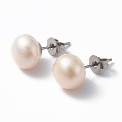 Natural Pearl Ear Studs, 304 Stainless Steel Pin Ear Stud for Women, Round, Linen, 16.5~18x9.5mm, Pin: 0.7mm(EJEW-P223-01D-P02)