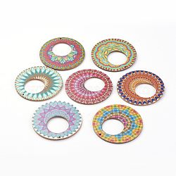 Printed Wooden Big Pendants, Flat Round with Pattern, Mixed Color, 60x1~2mm, Hole: 1mm(WOOD-S037-096)