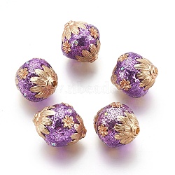 Handmade Indonesia Beads, with Polymer Clay, Rhinestone and Metal Findings, Oval with Flower, Golden, Medium Purple, 20~22x18~19mm, Hole: 2mm(CLAY-F003-A05)