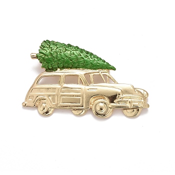 Green Christmas Tree and Car Enamel Pin, Alloy Badge for Backpack Clothes, Golden, 35.5x57x8mm