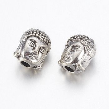 perles en alliage de style tibétain, tête de bouddha, argent antique, 10x8.5x8 mm, trou: 1.5 mm