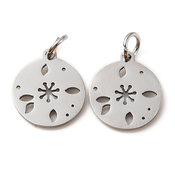304 Stainless Steel Charms, Laser Cut, with Jump Ring, Stainless Steel Color, Hollow, Flat Round Charm, Flower, 13.5x12x1mm, Hole: 3.6mm