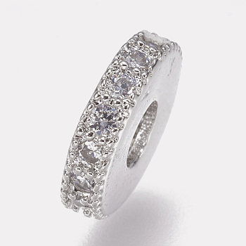 Brass Micro Pave Cubic Zirconia Bead Spacers, Flat Round, Clear, Platinum, 8x2mm, Hole: 3mm