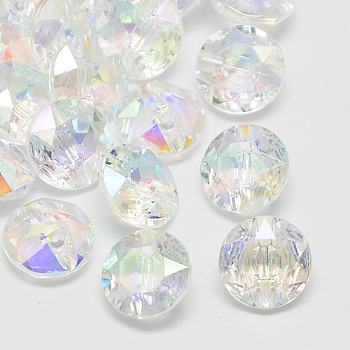 Taiwan Acrylic Rhinestone Buttons, Faceted, 1-Hole, Flat Round, Clear, 15x7mm, Hole: 1mm