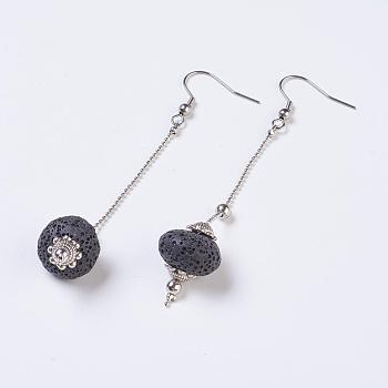 Lava Rock Dangle Earrings, with Stainless Steel Earring Hooks, Black, 88~90mm, pin: 0.6mm