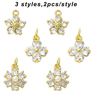 6Pcs 3 Styles Brass Micro Pave Cubic Zirconia Flower Charms, with Pearl, Cadmium Free & Lead Free, Real 18K Gold Plated, Rack Plating, Clear, 11~13.5x9~10.5x3.5~5mm, Hole: 1.2~3.8mm, 2pcs/style 