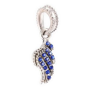 Alloy European Dangle Charms, with Rhinestones, Wing, Large Hole Pendants, Antique Silver, Sapphire, 30~31mm, Hole: 5x8mm