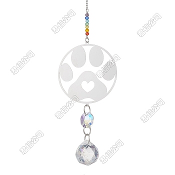 2Pcs 201 Stainless Steel Paw Print Shape & Rainbow Crystal Glass Hanging Suncatcher, Colorful, 255mm