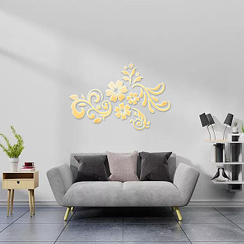 Custom Acrylic Wall Stickers, for Home Living Room Bedroom Decoration, Rectangle with Flower Pattern, Gold, 400x600mm
