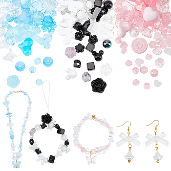 PandaHall Elite 3 Bags 3 Colors Transparent & Opaque Resin Beads, Flower & Faceted Round & Heart & Butterfly, Mixed Shapes, Mixed Color, 8~30x7.5~34x5.5~10mm, Hole: 1~4mm, 48~78pcs/bag, 1 bag/color